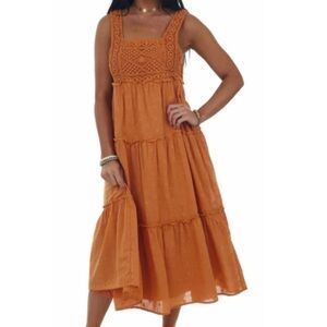 NWT Lush Crochet Cotton Dotted Tiered Midi Boho Dress